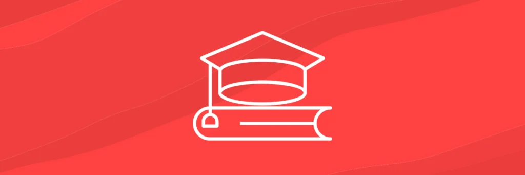 A graduation cap sits atop a closed book, both drawn in white outline against a red backdrop