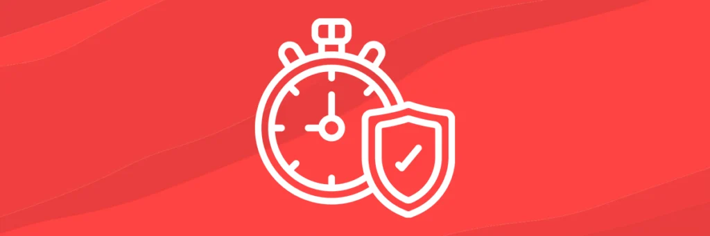 Pictogram of a clock and a shield, in white outline against a red background.